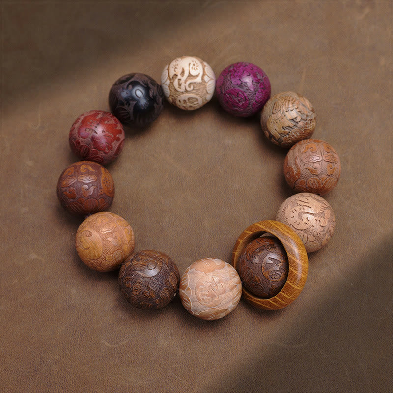 Buddha Stones Carving Sandalwood Chinese Zodiac Auspicious Dragon Phoenix Fu Character Healing Bracelet