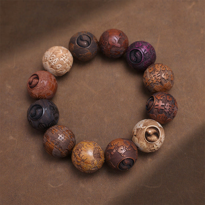 Buddha Stones Carving Sandalwood Chinese Zodiac Auspicious Dragon Phoenix Fu Character Healing Bracelet