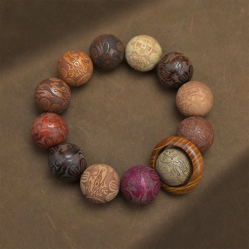 Buddha Stones Carving Sandalwood Chinese Zodiac Auspicious Dragon Phoenix Fu Character Healing Bracelet