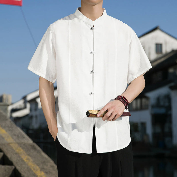 Buddha Stones Summer Solid Color Front Button Design Men's Half Sleeve Cotton Shirt - White - US/UK/AU42，EU52 (3XL) - image 0