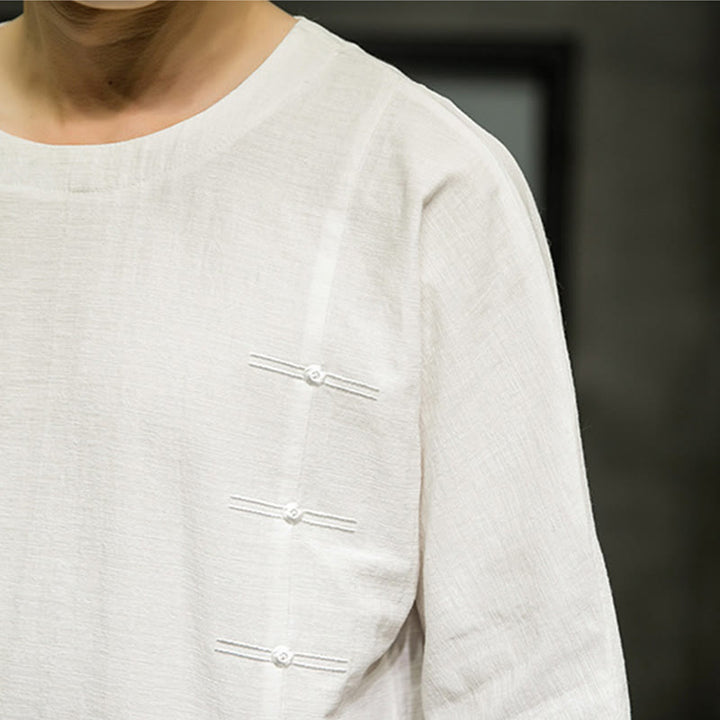 Buddha Stones Summer Retro Solid Color Patchwork Design Men's Three Quarter Sleeve Cotton Linen T-Shirt - image 29