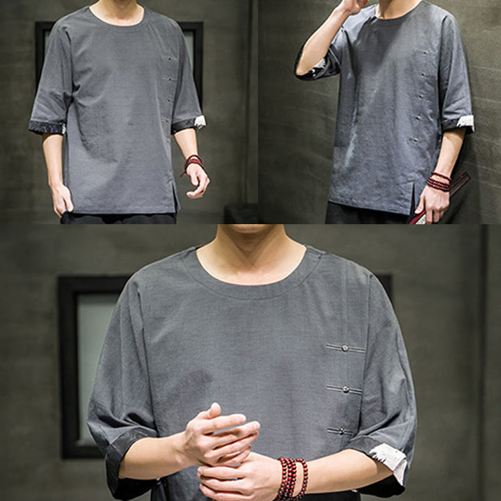 Buddha Stones Summer Retro Solid Color Patchwork Design Men's Three Quarter Sleeve Cotton Linen T-Shirt - image 22