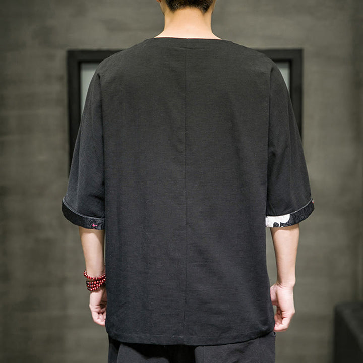 Buddha Stones Summer Retro Solid Color Patchwork Design Men's Three Quarter Sleeve Cotton Linen T-Shirt - image 4