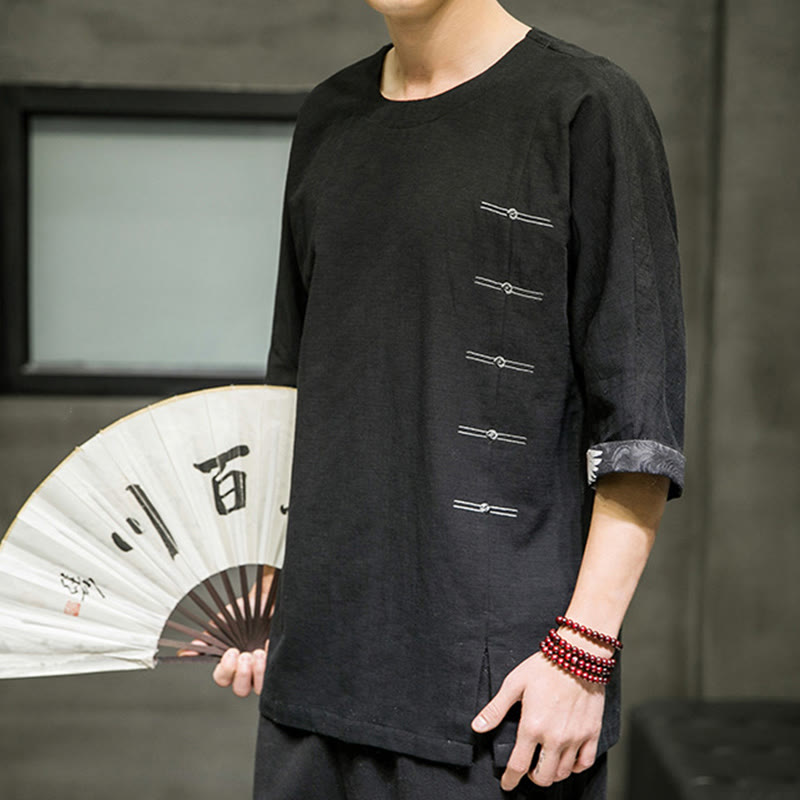 Buddha Stones Summer Retro Solid Color Patchwork Design Men's Three Quarter Sleeve Cotton Linen T-Shirt - image 4