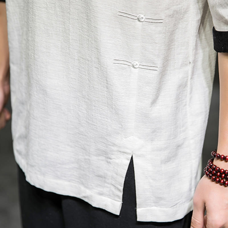 Buddha Stones Summer Retro Solid Color Patchwork Design Men's Three Quarter Sleeve Cotton Linen T-Shirt - image 31