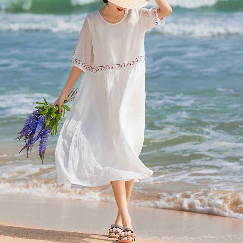 Buddha Stones Solid Color Embroidery Short Sleeve Cotton Midi Dress With Pockets - image 10