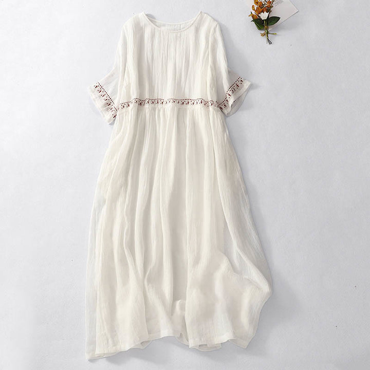 Buddha Stones Solid Color Embroidery Short Sleeve Midi Dress With Pockets - White - US12，UK/AU16，EU44 (2XL) - image 4