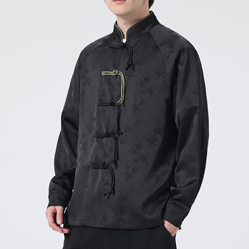 Buddha Stones Spring Jacquard Bamboo Leaves Pattern Chinese Frog-Button Design Men's Long Sleeve Shirt - image 23