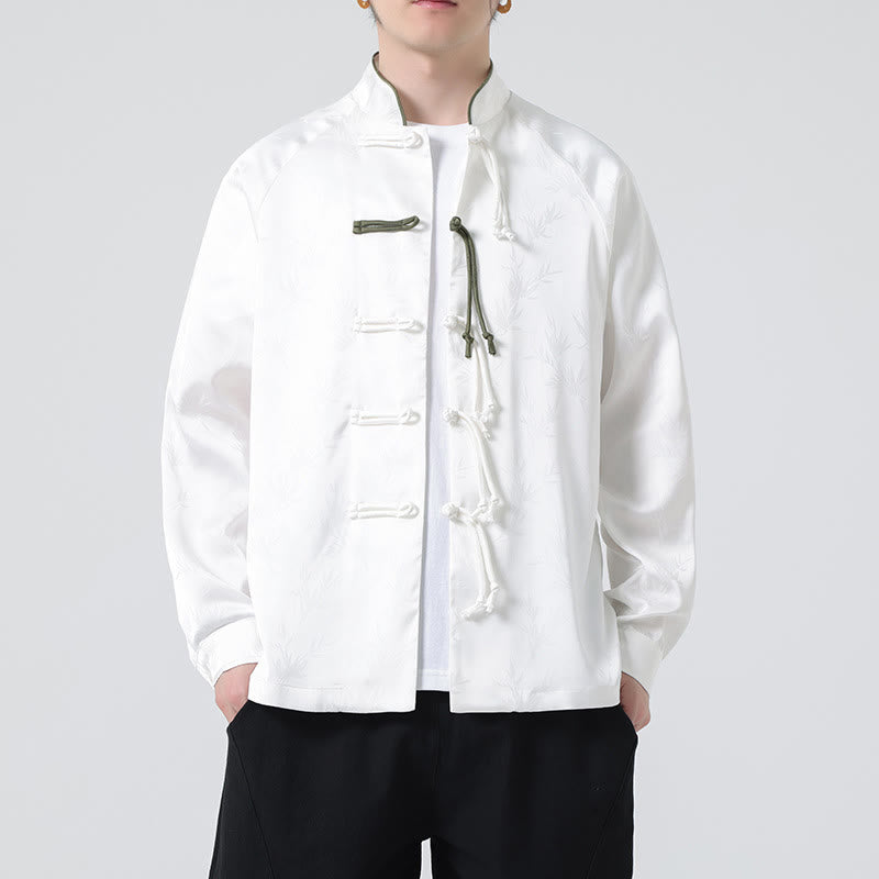 Buddha Stones Spring Jacquard Bamboo Leaves Pattern Chinese Frog-Button Design Men's Long Sleeve Shirt - White - US/UK/AU46，EU56 (5XL) - image 12