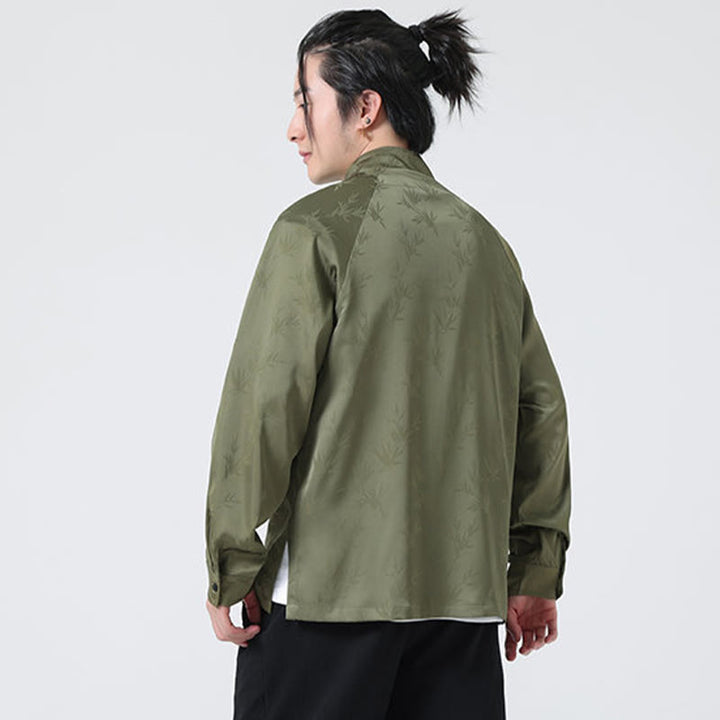 Buddha Stones Spring Jacquard Bamboo Leaves Pattern Chinese Frog-Button Design Men's Long Sleeve Shirt - image 4