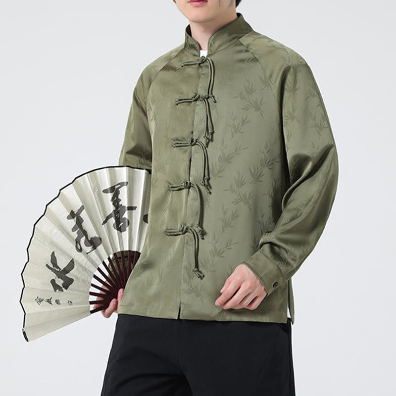 Buddha Stones Spring Jacquard Bamboo Leaves Pattern Chinese Frog-Button Design Men's Long Sleeve Shirt - OliveDrab - US/UK/AU46，EU56 (5XL) - image 1
