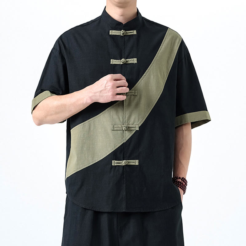 Buddha Stones Spring Color Contrast Chinese Frog-Button Design Men's Half Sleeve Cotton Linen Shirt - image 3