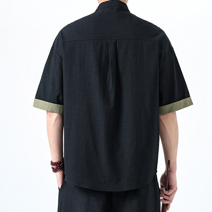 Buddha Stones Spring Color Contrast Chinese Frog-Button Design Men's Half Sleeve Cotton Linen Shirt - image 1