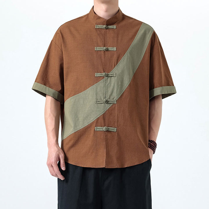 Buddha Stones Spring Color Contrast Chinese Frog-Button Design Men's Half Sleeve Cotton Linen Shirt - Peru - US/UK/AU46，EU56 (5XL) - image 19