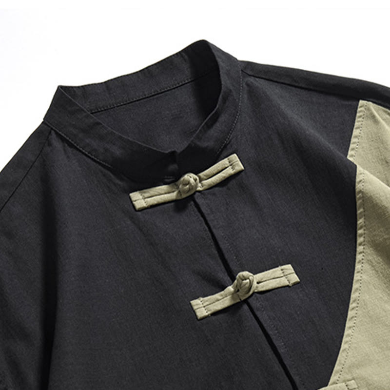 Buddha Stones Spring Color Contrast Chinese Frog-Button Design Men's Half Sleeve Cotton Linen Shirt - image 8