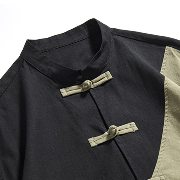 Buddha Stones Spring Color Contrast Chinese Frog-Button Design Men's Half Sleeve Cotton Linen Shirt - image 8