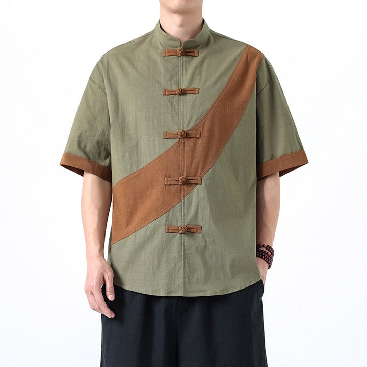 Buddha Stones Spring Color Contrast Chinese Frog-Button Design Men's Half Sleeve Cotton Linen Shirt - DarkSeaGreen - US/UK/AU46，EU56 (5XL) - image 10