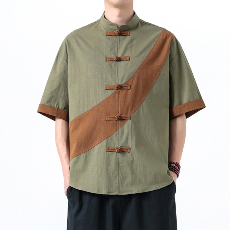 Buddha Stones Spring Color Contrast Chinese Frog-Button Design Men's Half Sleeve Cotton Linen Shirt - image 13
