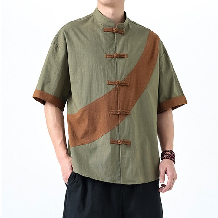 Buddha Stones Spring Color Contrast Chinese Frog-Button Design Men's Half Sleeve Cotton Linen Shirt - image 13