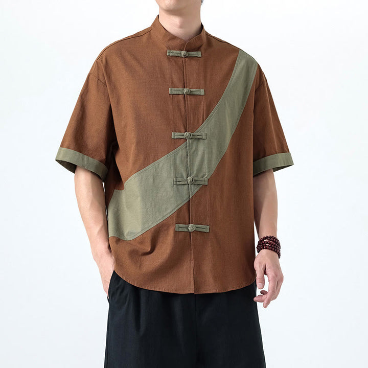 Buddha Stones Spring Color Contrast Chinese Frog-Button Design Men's Half Sleeve Cotton Linen Shirt - image 22