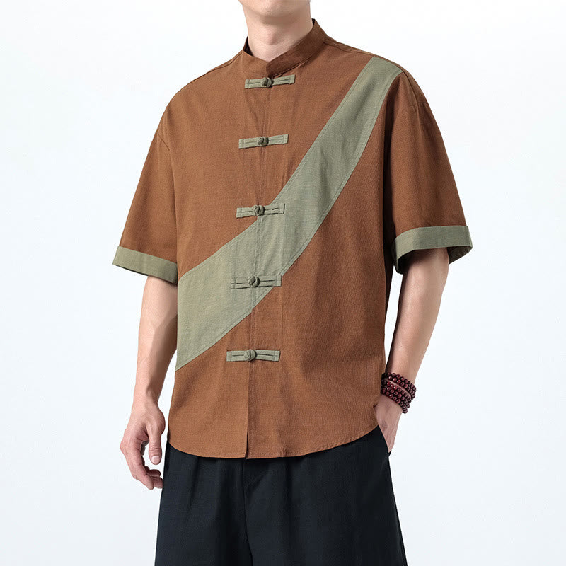 Buddha Stones Spring Color Contrast Chinese Frog-Button Design Men's Half Sleeve Cotton Linen Shirt - image 20