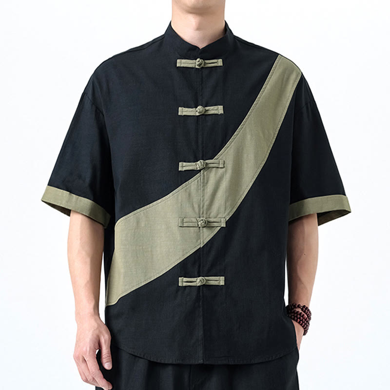 Buddha Stones Spring Color Contrast Chinese Frog-Button Design Men's Half Sleeve Cotton Linen Shirt - Black With DarkSeaGreen - US/UK/AU46，EU56 (5XL) - image 1