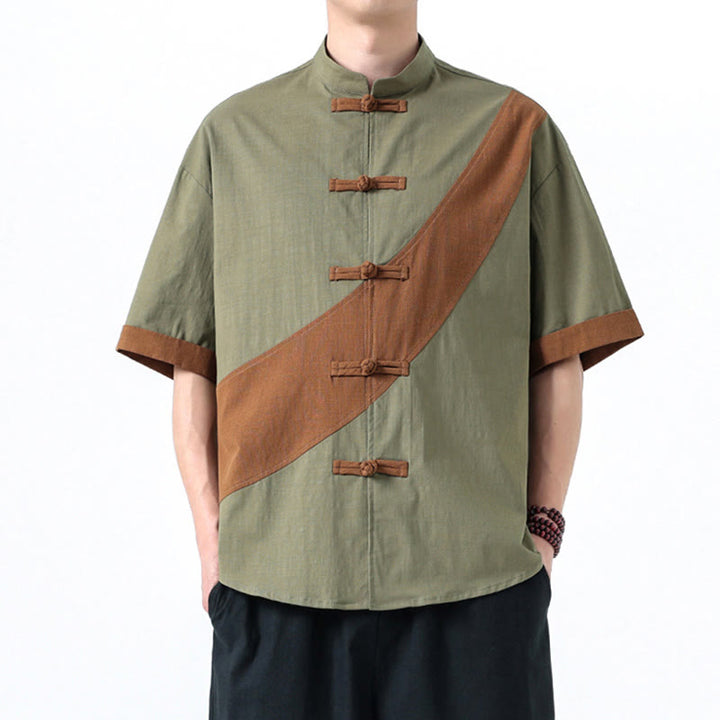 Buddha Stones Spring Color Contrast Chinese Frog-Button Design Men's Half Sleeve Cotton Linen Shirt - image 12
