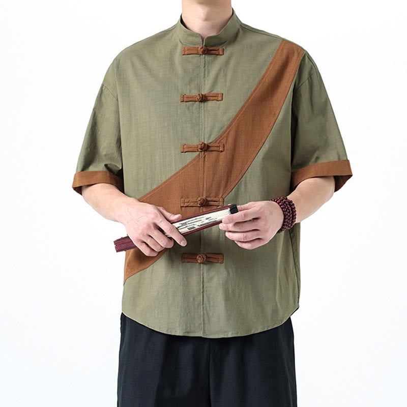 Buddha Stones Spring Color Contrast Chinese Frog-Button Design Men's Half Sleeve Cotton Linen Shirt - image 17