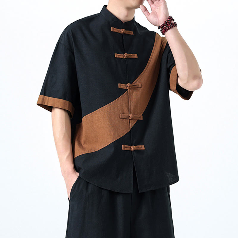 Buddha Stones Spring Color Contrast Chinese Frog-Button Design Men's Half Sleeve Cotton Linen Shirt - image 32