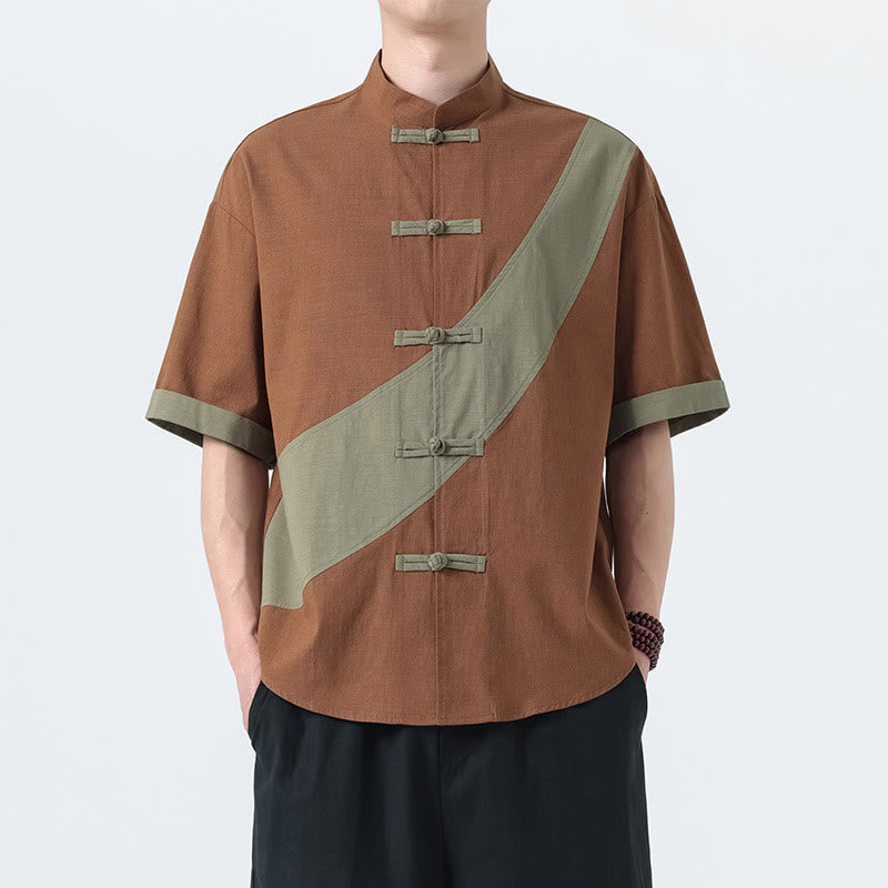 Buddha Stones Spring Color Contrast Chinese Frog-Button Design Men's Half Sleeve Cotton Linen Shirt - image 27