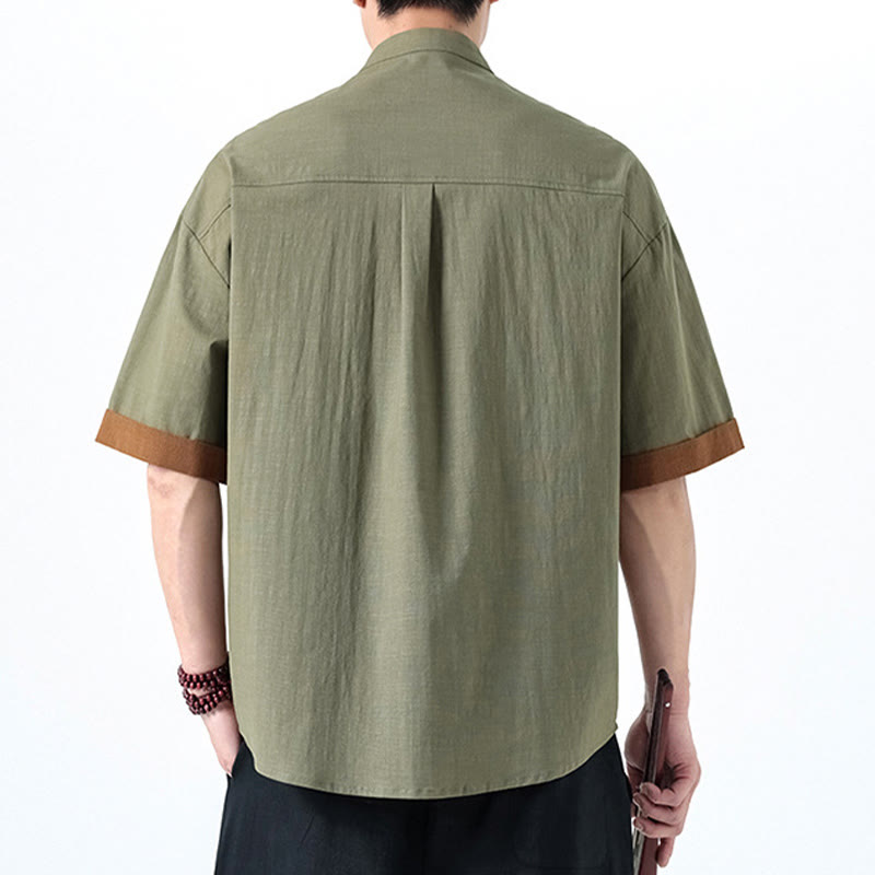 Buddha Stones Spring Color Contrast Chinese Frog-Button Design Men's Half Sleeve Cotton Linen Shirt - image 15