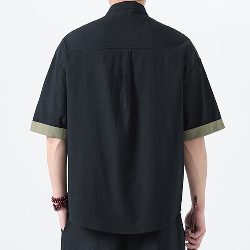 Buddha Stones Casual Color Matching Chinese Frog-Button Design Tang Suit Men's Half Sleeve Cotton Linen Shirt - image 25