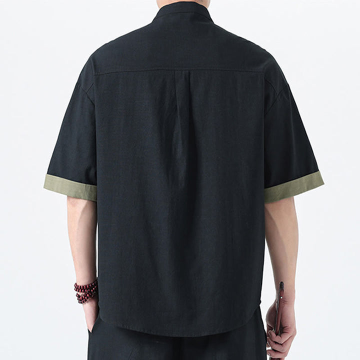 Buddha Stones Casual Color Matching Chinese Frog-Button Design Tang Suit Men's Half Sleeve Cotton Linen Shirt - image 25