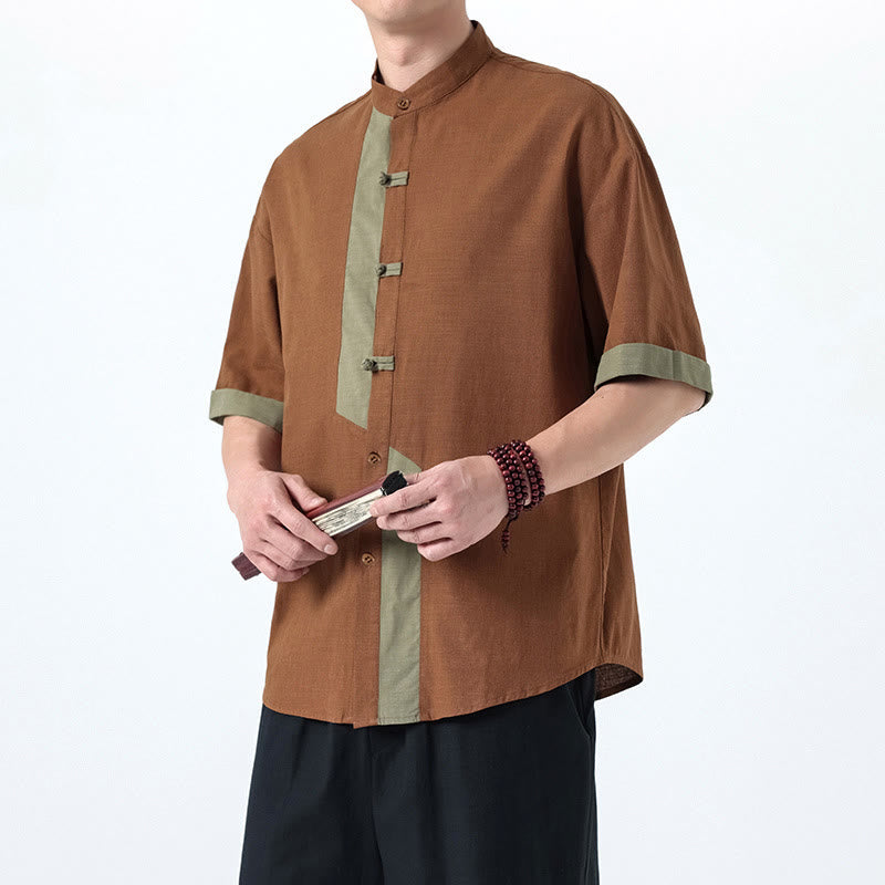 Buddha Stones Casual Color Matching Chinese Frog-Button Design Tang Suit Men's Half Sleeve Cotton Linen Shirt - Peru - US/UK/AU46，EU56 (5XL) - image 15