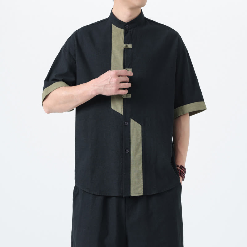 Buddha Stones Casual Color Matching Chinese Frog-Button Design Tang Suit Men's Half Sleeve Cotton Linen Shirt - Black With DarkSeaGreen - US/UK/AU46，EU56 (5XL) - image 20