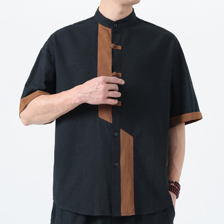 Buddha Stones Casual Color Matching Chinese Frog-Button Design Tang Suit Men's Half Sleeve Cotton Linen Shirt - image 5