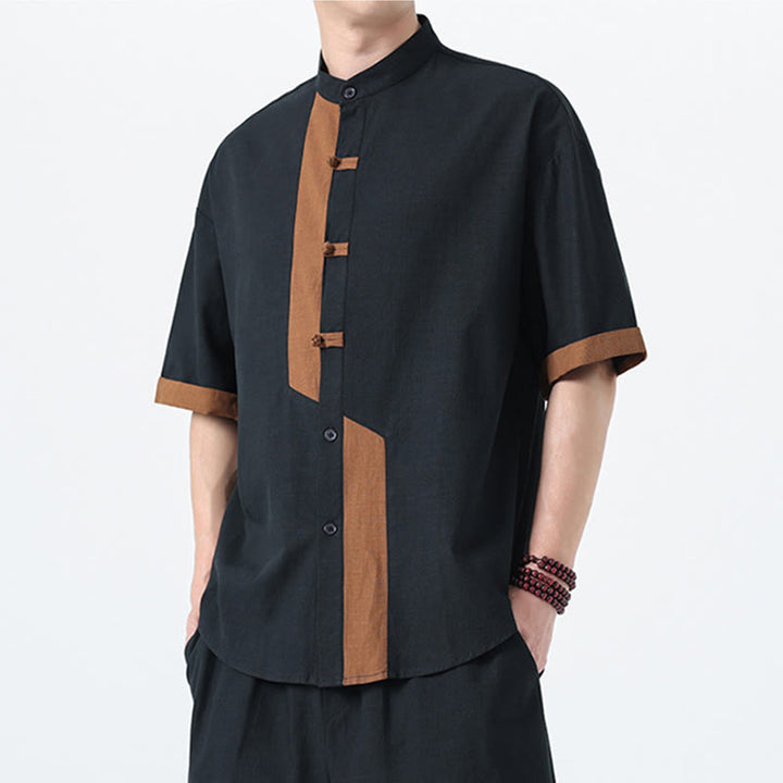 Buddha Stones Casual Color Matching Chinese Frog-Button Design Tang Suit Men's Half Sleeve Cotton Linen Shirt - image 5