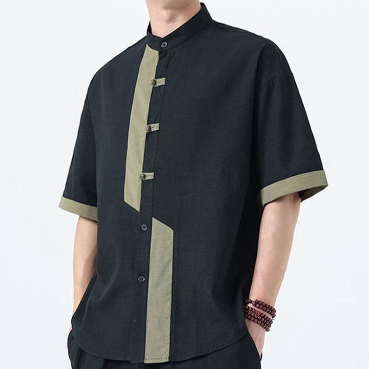 Buddha Stones Casual Color Matching Chinese Frog-Button Design Tang Suit Men's Half Sleeve Cotton Linen Shirt - image 22