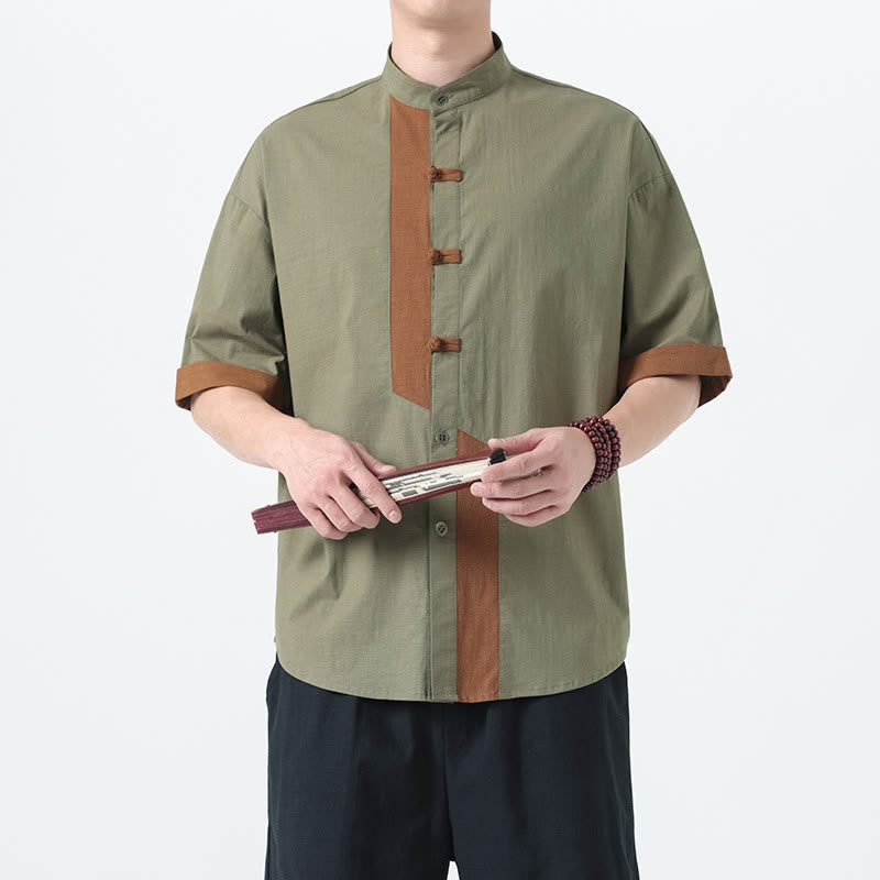 Buddha Stones Casual Color Matching Chinese Frog-Button Design Tang Suit Men's Half Sleeve Cotton Linen Shirt - DarkSeaGreen - US/UK/AU46，EU56 (5XL) - image 8