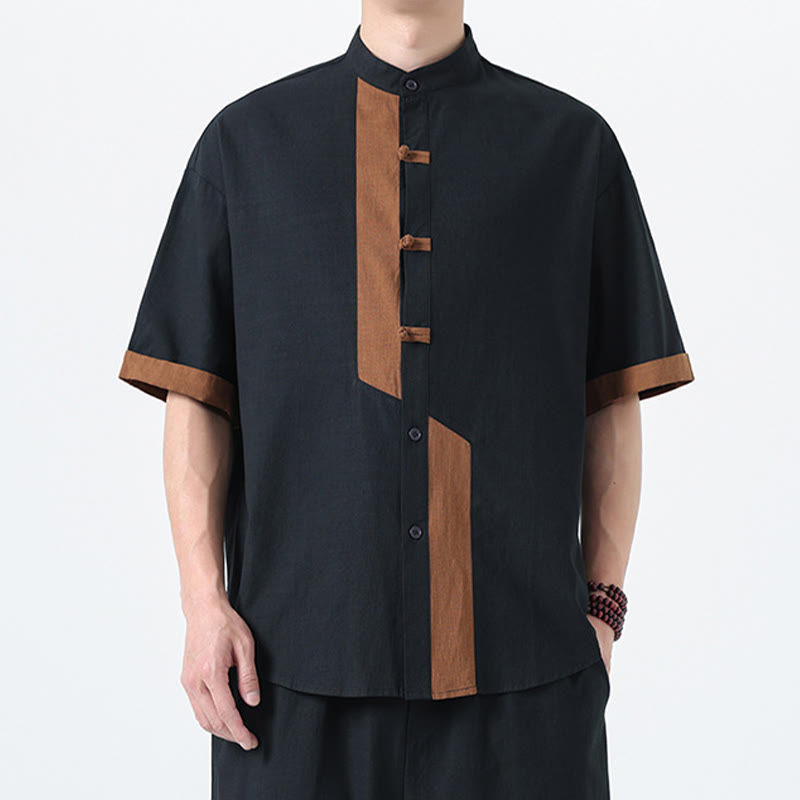 Buddha Stones Casual Color Matching Chinese Frog-Button Design Tang Suit Men's Half Sleeve Cotton Linen Shirt - image 2