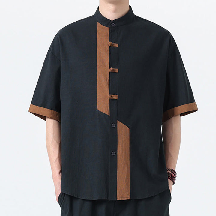Buddha Stones Casual Color Matching Chinese Frog-Button Design Tang Suit Men's Half Sleeve Cotton Linen Shirt - Black With Peru - US/UK/AU46，EU56 (5XL) - image 1