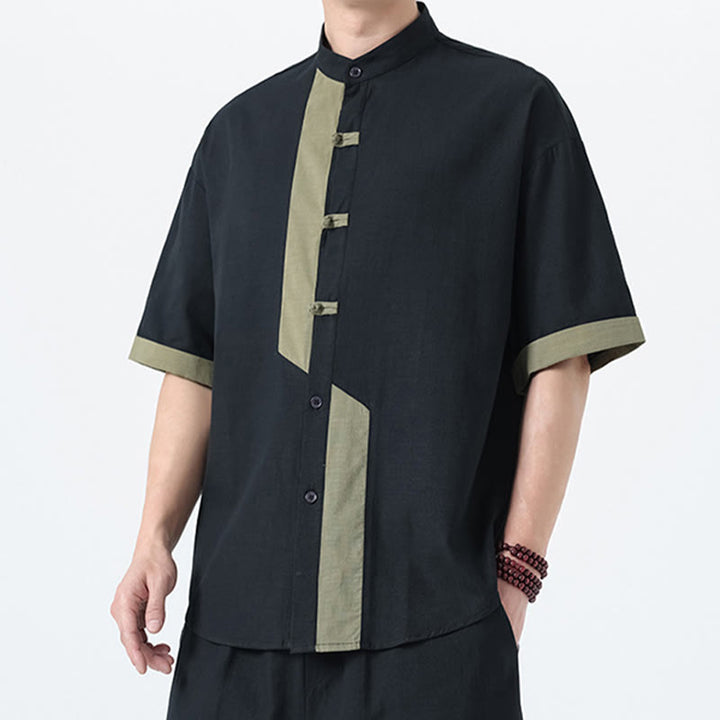 Buddha Stones Casual Color Matching Chinese Frog-Button Design Tang Suit Men's Half Sleeve Cotton Linen Shirt - image 21