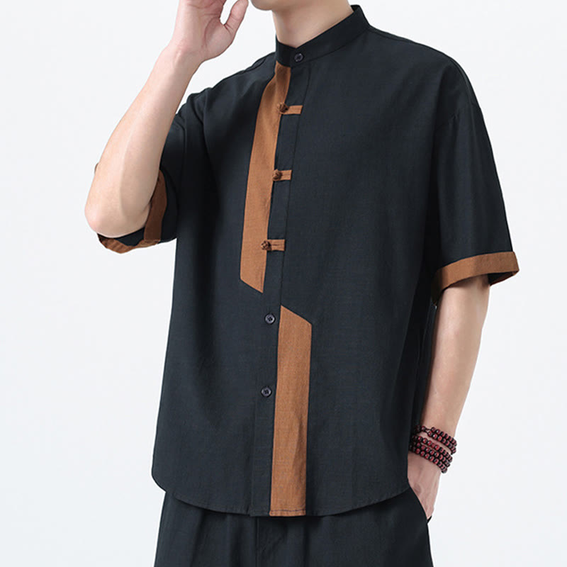 Buddha Stones Casual Color Matching Chinese Frog-Button Design Tang Suit Men's Half Sleeve Cotton Linen Shirt - image 4
