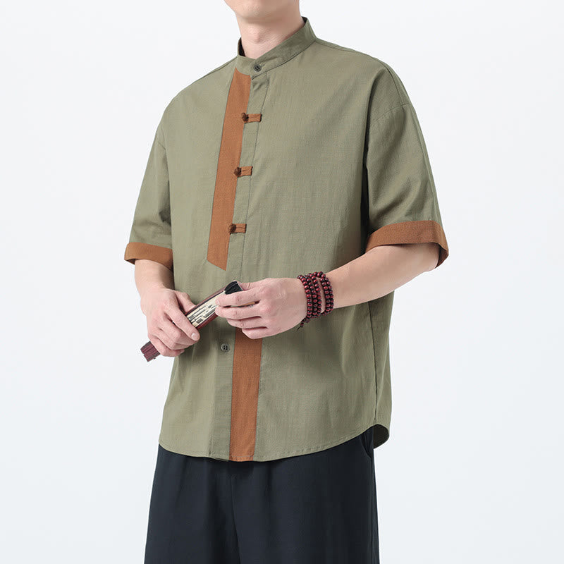 Buddha Stones Casual Color Matching Chinese Frog-Button Design Tang Suit Men's Half Sleeve Cotton Linen Shirt - image 8