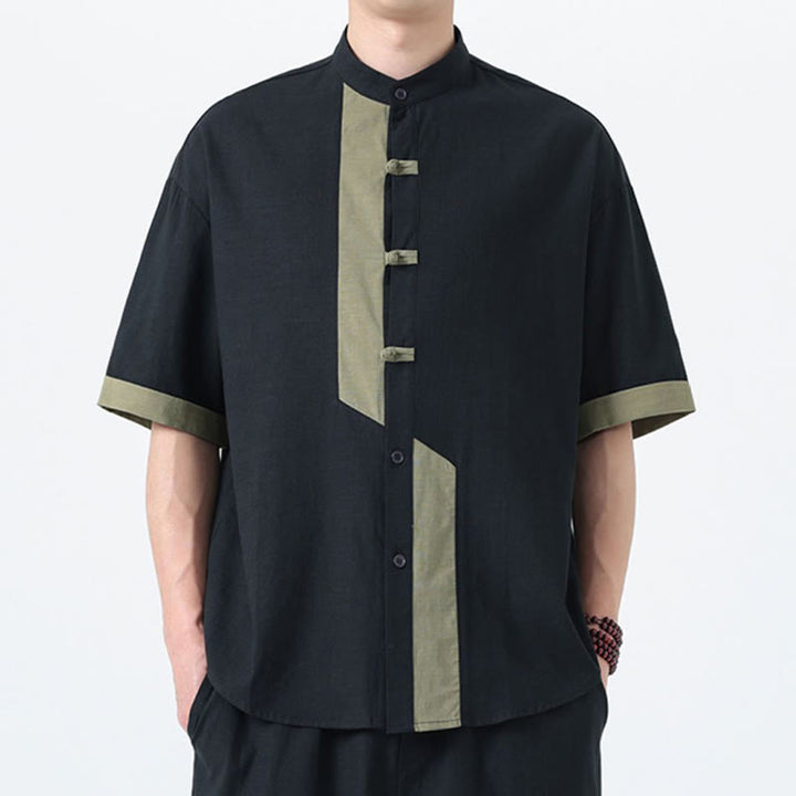 Buddha Stones Casual Color Matching Chinese Frog-Button Design Tang Suit Men's Half Sleeve Cotton Linen Shirt - image 24
