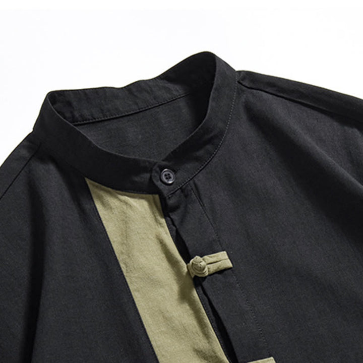 Buddha Stones Casual Color Matching Chinese Frog-Button Design Tang Suit Men's Half Sleeve Cotton Linen Shirt - image 27