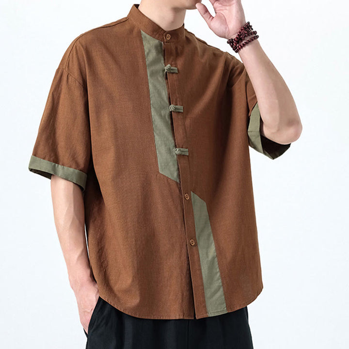 Buddha Stones Casual Color Matching Chinese Frog-Button Design Tang Suit Men's Half Sleeve Cotton Linen Shirt - image 19