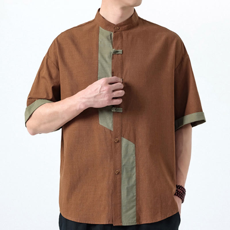 Buddha Stones Casual Color Matching Chinese Frog-Button Design Tang Suit Men's Half Sleeve Cotton Linen Shirt - image 18