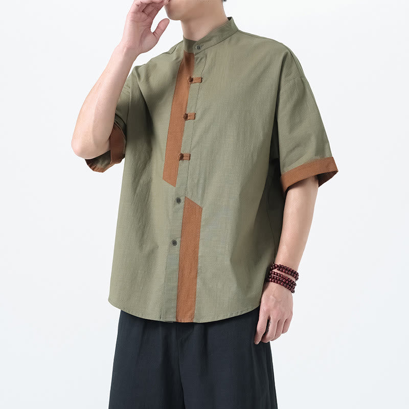 Buddha Stones Casual Color Matching Chinese Frog-Button Design Tang Suit Men's Half Sleeve Cotton Linen Shirt - image 11
