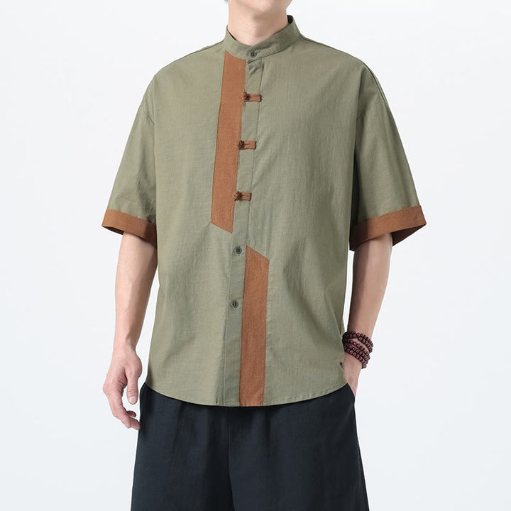 Buddha Stones Casual Color Matching Chinese Frog-Button Design Tang Suit Men's Half Sleeve Cotton Linen Shirt - image 13